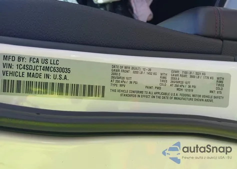 2021 Dodge Durango R/T Awd z USA, uszkodzony, nr VIN 1C4SDJCT4MC630035